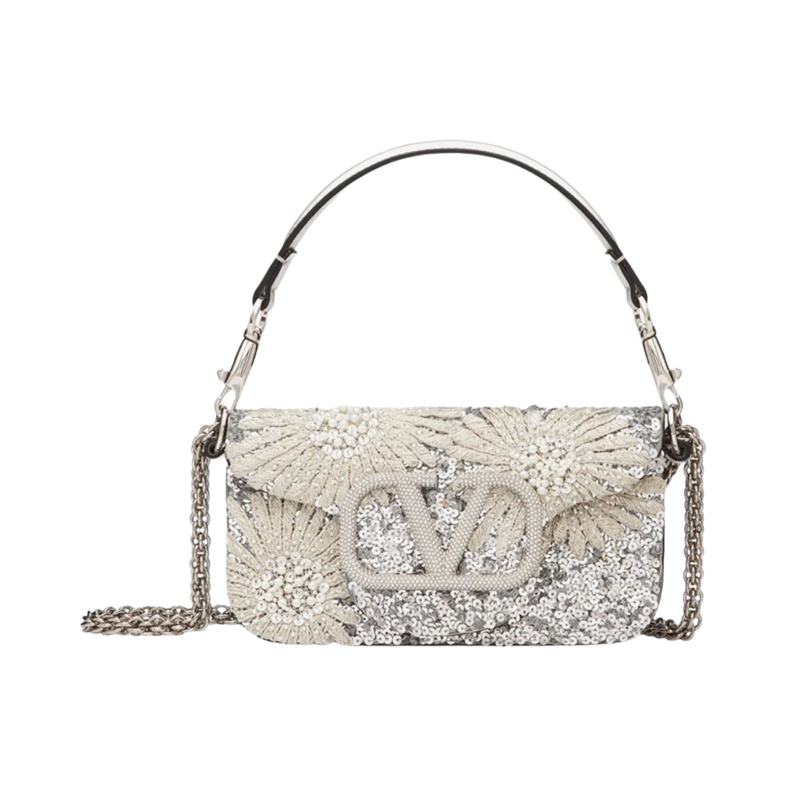 발렌티노 플로럴 모티프 자수 로코 스몰 숄더백 실버(Valentino Loco Small Shoulder Bag With Floral Motif Embrioidery Silver) - 1