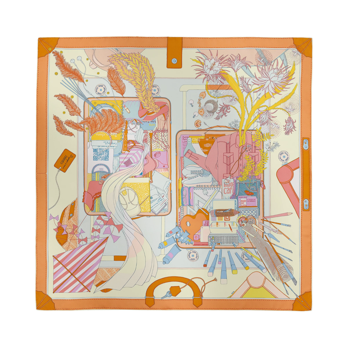 H004119S06 (W) Hermes Bagage A Main Scarf 90 Jaune Soufre Abricot Rose