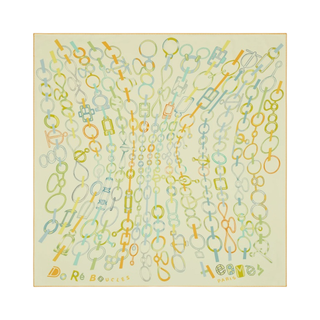 (W) 에르메스 도 레 부클레 스카프 90 죤 수프르 빨 베르 오랑쥬((W) Hermes Do Re Boucles Scarf 90 Jaune Soufre Pale Vert Orange) - 1