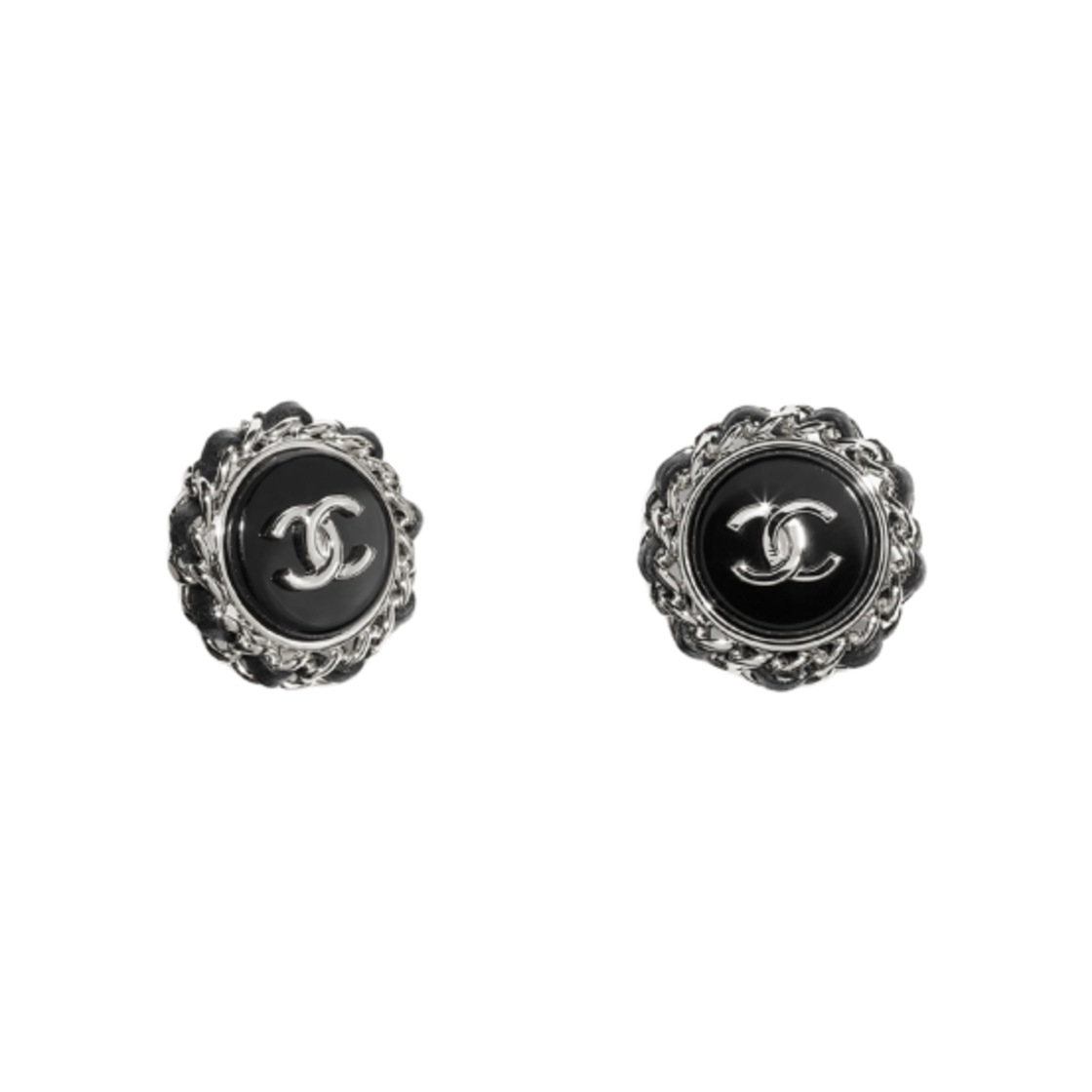 (W) 샤넬 스터드 이어링 메탈 레진 램스킨 & 실버 블랙((W) Chanel Stud Earrings Metal Resin Lambskin & Silver Black) - 1