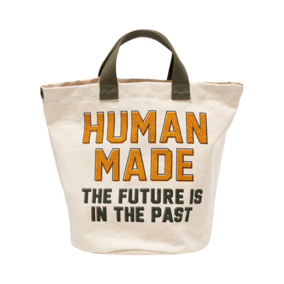 【美品】HUMAN MADE トートバッグ 刺繍ロゴ カーキ×オレンジ 肩掛け 美品】HUMAN MADE トートバッグ 刺繍ロゴ カーキ×オレンジ