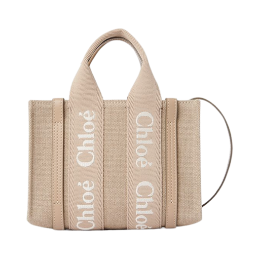 CHC24UP237L1720E Chloe Mini Woody Tote Bag in Linen and Leather Boyish Brown