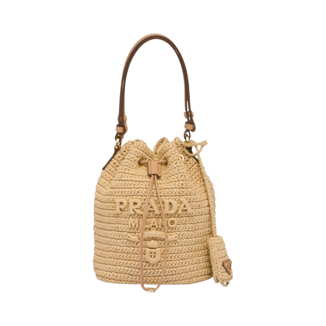 1BE068-2A2T-F0018 Prada Crochet Leather Mini Bucket Bag Natural