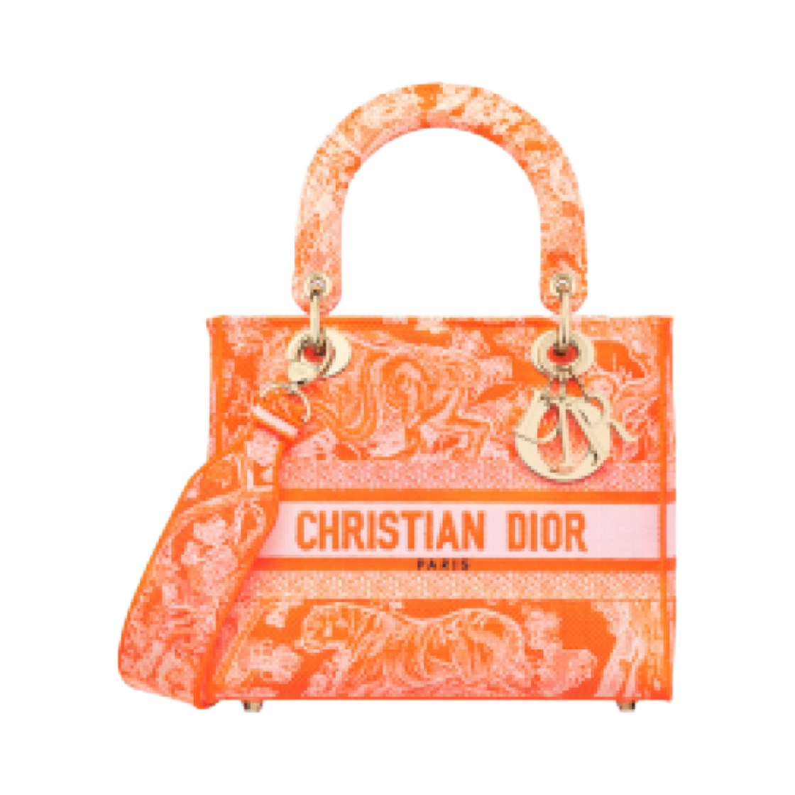 디올 미디움 레이디 D 라이트 백 트왈 드 주이 리버스 자수 플로레센트 오렌지(Dior Medium Lady D Lite Bag Toile De Jouy Reverse Embroidery Fluorescent Orange) - 1