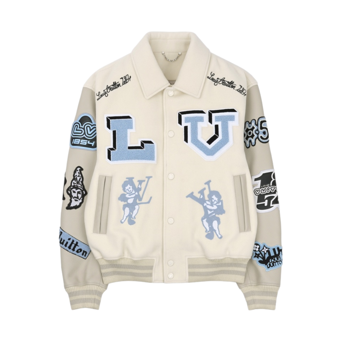 루이비통 멀티 패치 믹스드 레더 바시티 블루종 밀키 화이트(Louis Vuitton Multi Patch Mixed Leather Varsity Blouson Milky White)