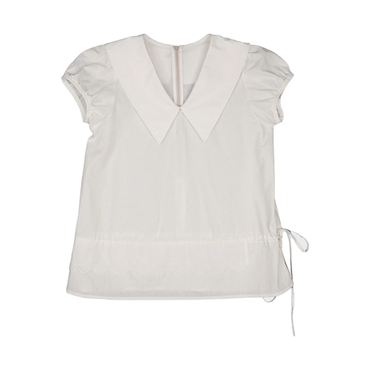P0000DJE-WHITE Dared V Collar Embroidery Apron Blouse White