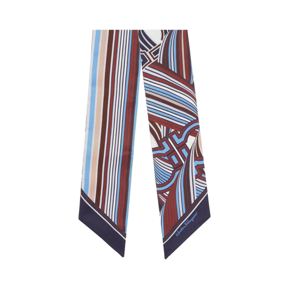 (W) 페라가모 간치오 리본 프린트 실크 트윌리 밴드 블루 마론((W) Ferragamo Gancio Ribbon Print Silk Twilly Band Blue Marron) - 1