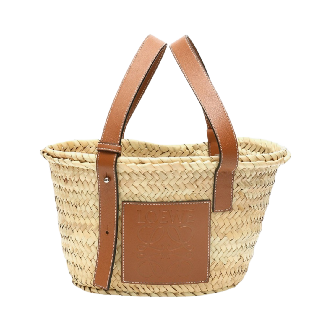 32702S93-2435 Loewe Small Basket Bag in Palm Leaf and Calfskin Natural Tan