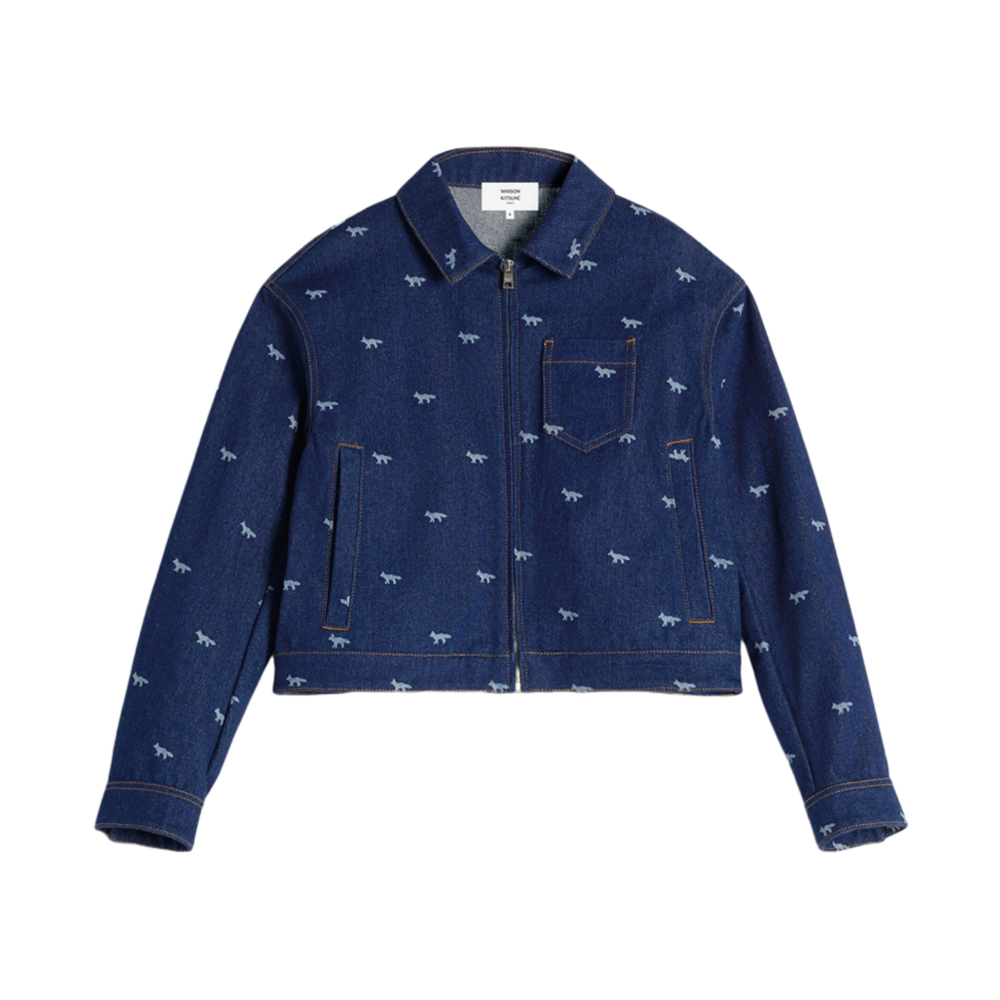 OW02104WD4014-0202 (W) Maison Kitsune Zipped Cropped Denim Jacket Dark Laser Profile Fox