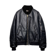 Prada Nappa Leather and Shearling Oversized Bomber Jacket Blue Black