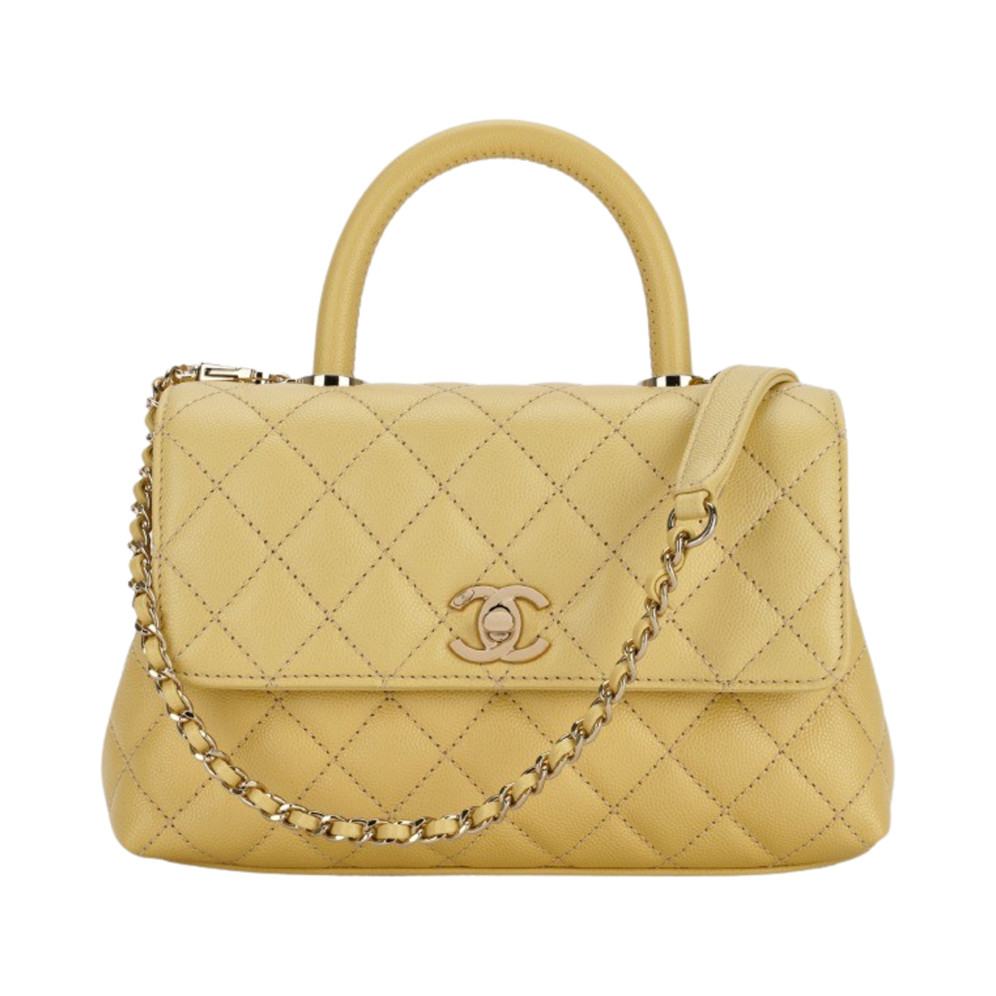 샤넬 핸들 장식의 스몰 플랩백 그레인드 카프스킨 & 골드 메탈 라이트 옐로우