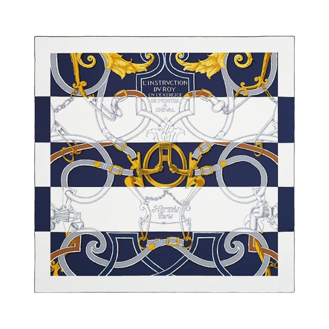 (W) 에르메스 린스트럭션 두 로이 비야데 스카프 90 마린 블랑 오르((W) Hermes L'Instruction Du Roy Bayadere Scarf 90 Marine Blanc Or) - 1