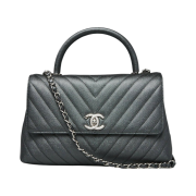 Chanel Large Flap Bag with Top Handle Grained Calfskin & Silver Black