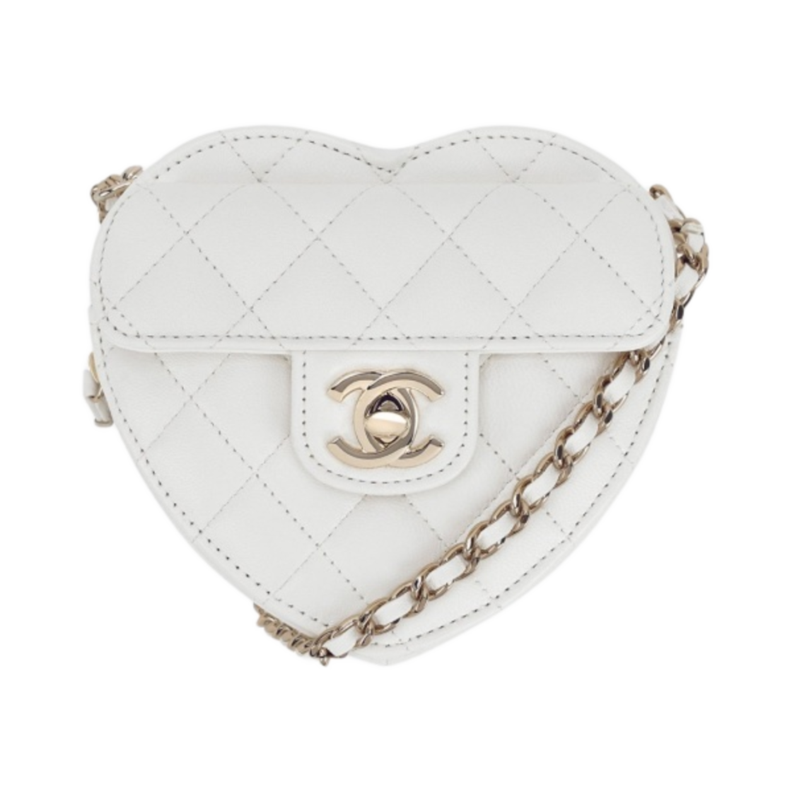 샤넬 핸들 장식의 하트 클러치 램스킨 & 골드 메탈 화이트