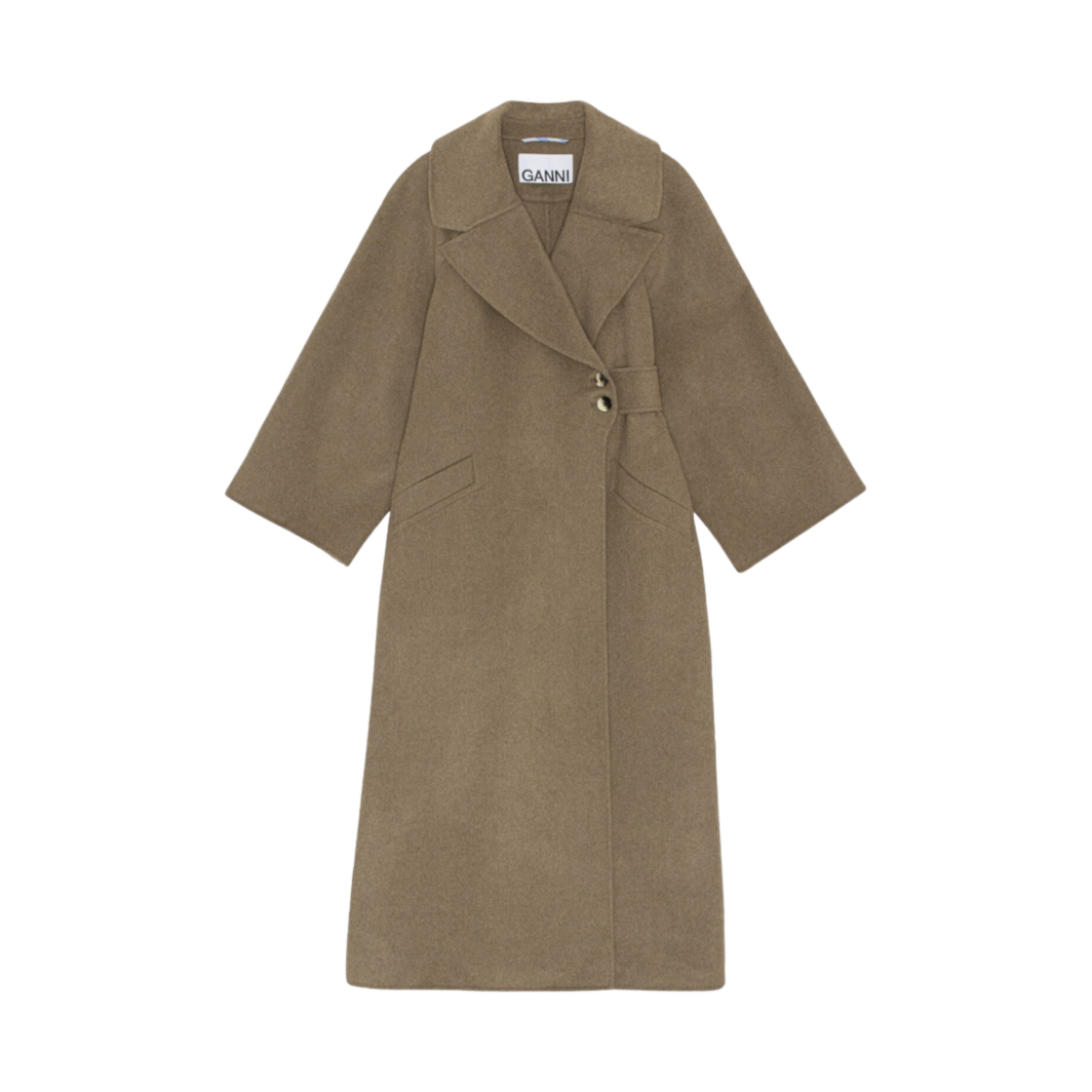 (W) 가니 롱 울 코트 페트리파이드 오크((W) Ganni Long Wool Coat Petrified Oak)