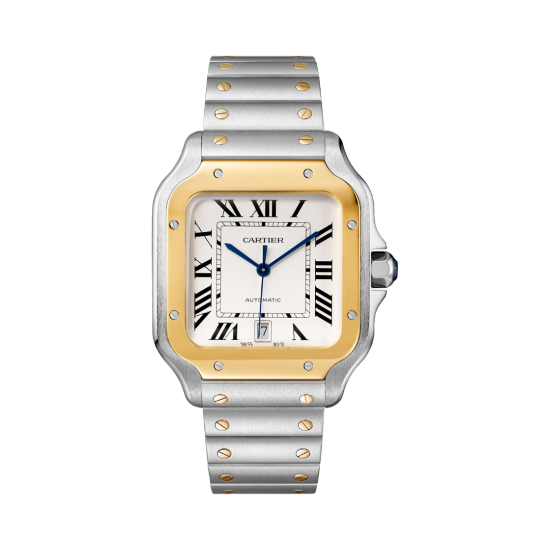 까르띠에 산토스 드 워치 라지 오토매틱 옐로우 골드 스틸 메탈 레더 브레이슬릿