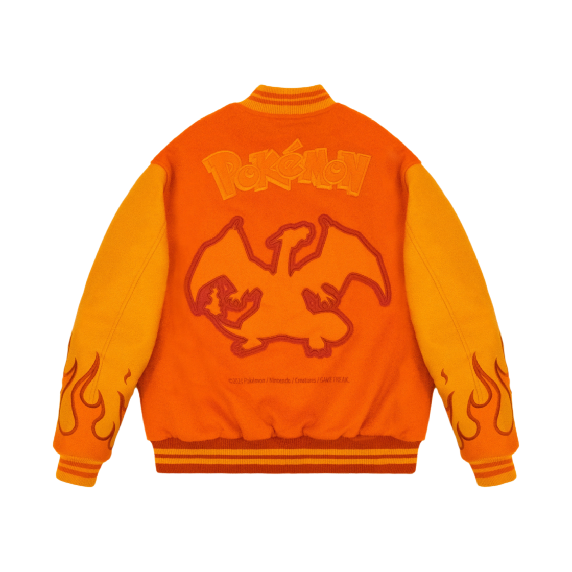 반디 더 핑크 x 포켓몬 리자몽 플레임 바시티 자켓 오렌지(Vandy The Pink x Pokemon Charizard Flame Varsity Jacket Orange)