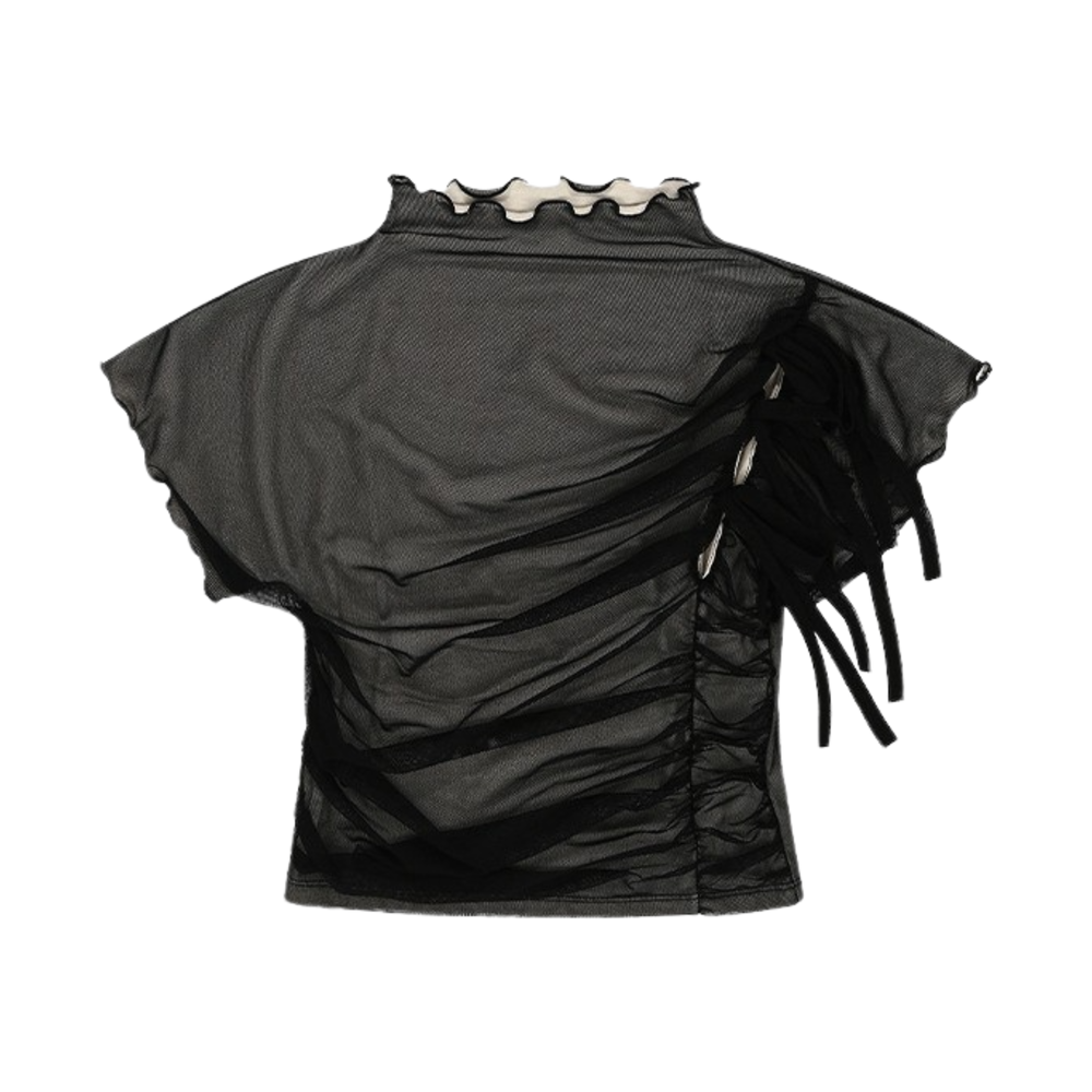 lr_040 Leterie Ribbon Shirring Mesh Top Black