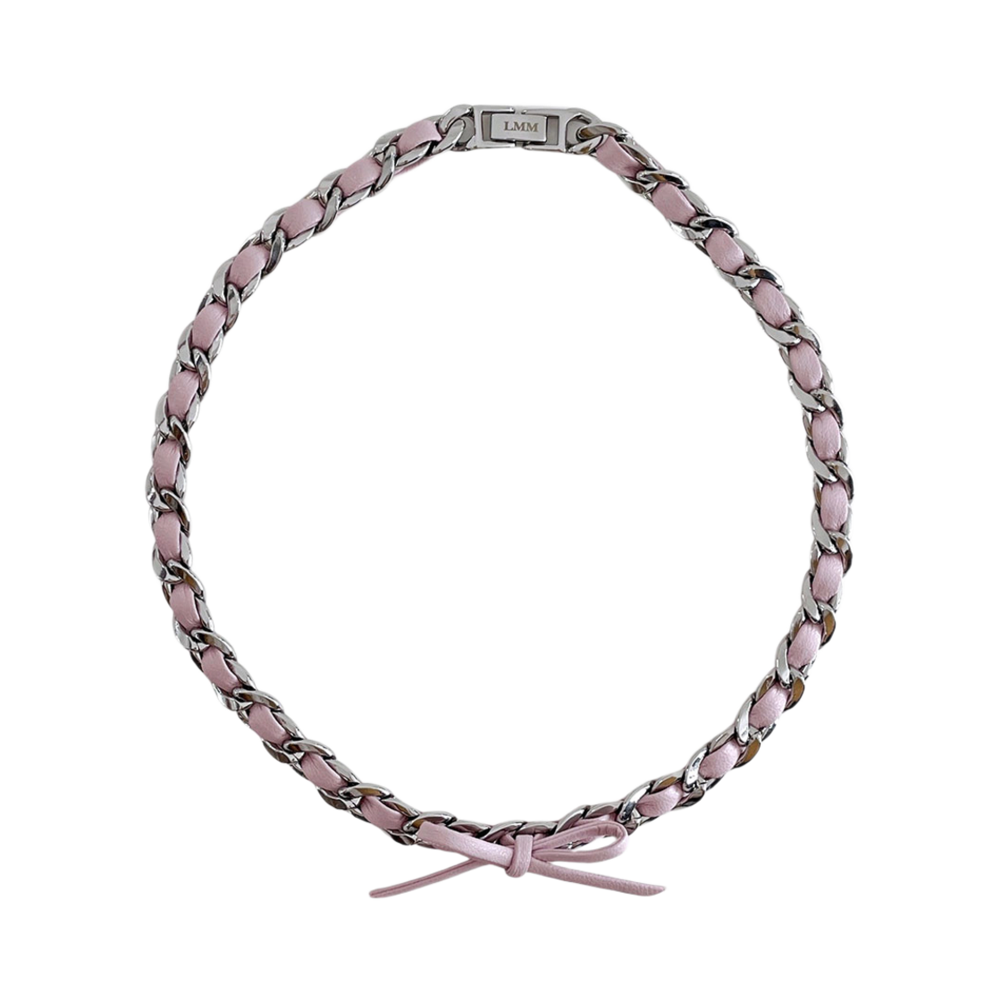 러브미몬스터 시크 가족 리본 체인 넥크리스 베이비핑크(lovememonster Chic Leather Ribbon Chain Necklace Baby Pink)