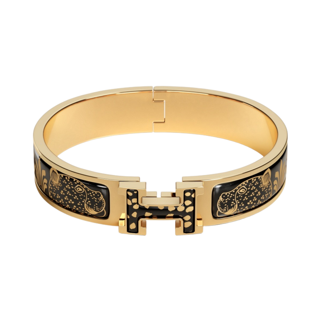 (W) 에르메스 클릭아슈 레 레오파드 브레이슬릿 골드 하드웨어 & 죤 오르 누아((W) Hermes Clic H Les Leopards Bracelet Gold & Jaune Or Noir) - 1