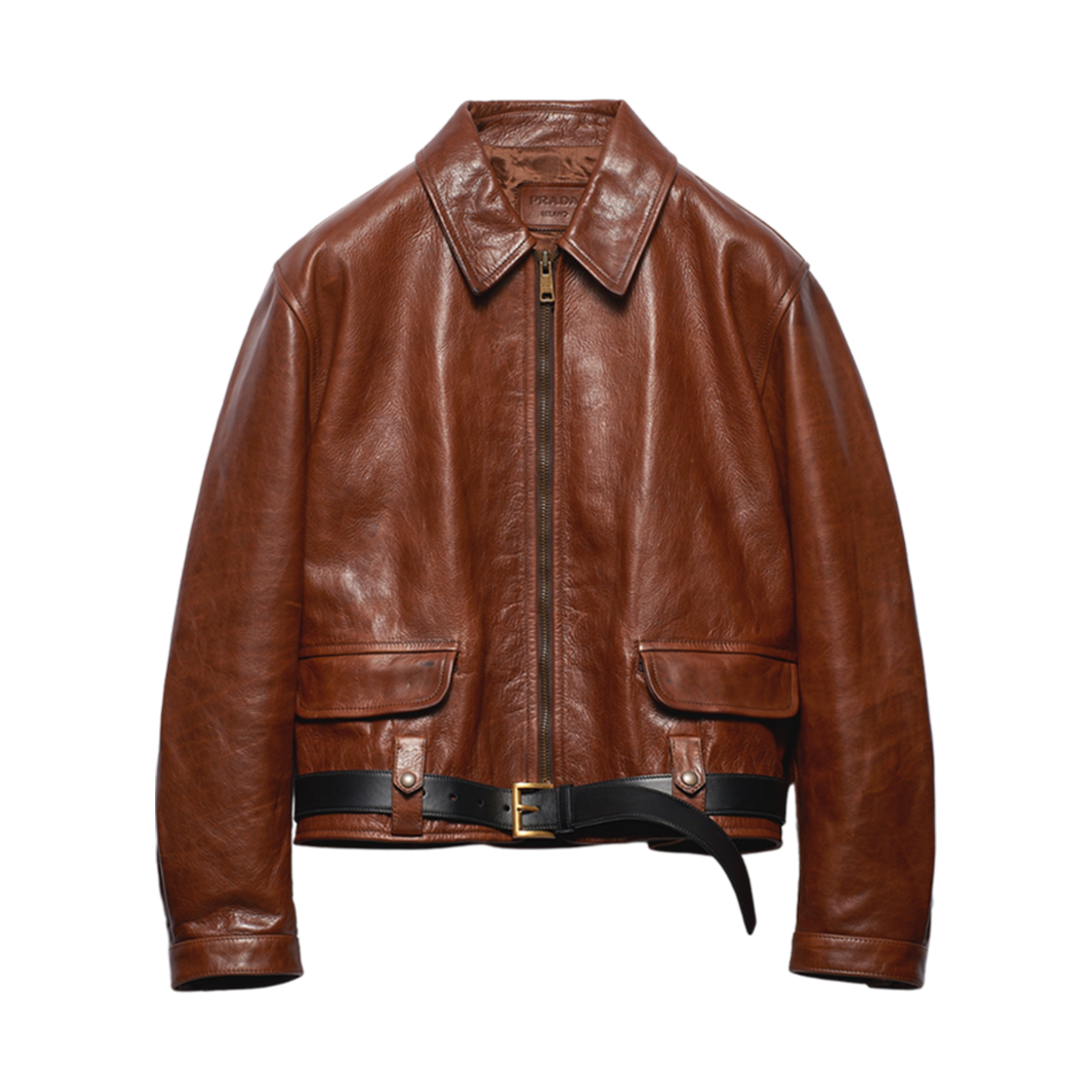 (W) 프라다 벨트가 있는 가죽 자켓 팔리샌더((W) Prada Leather Jacket Belt Palisander) - 1