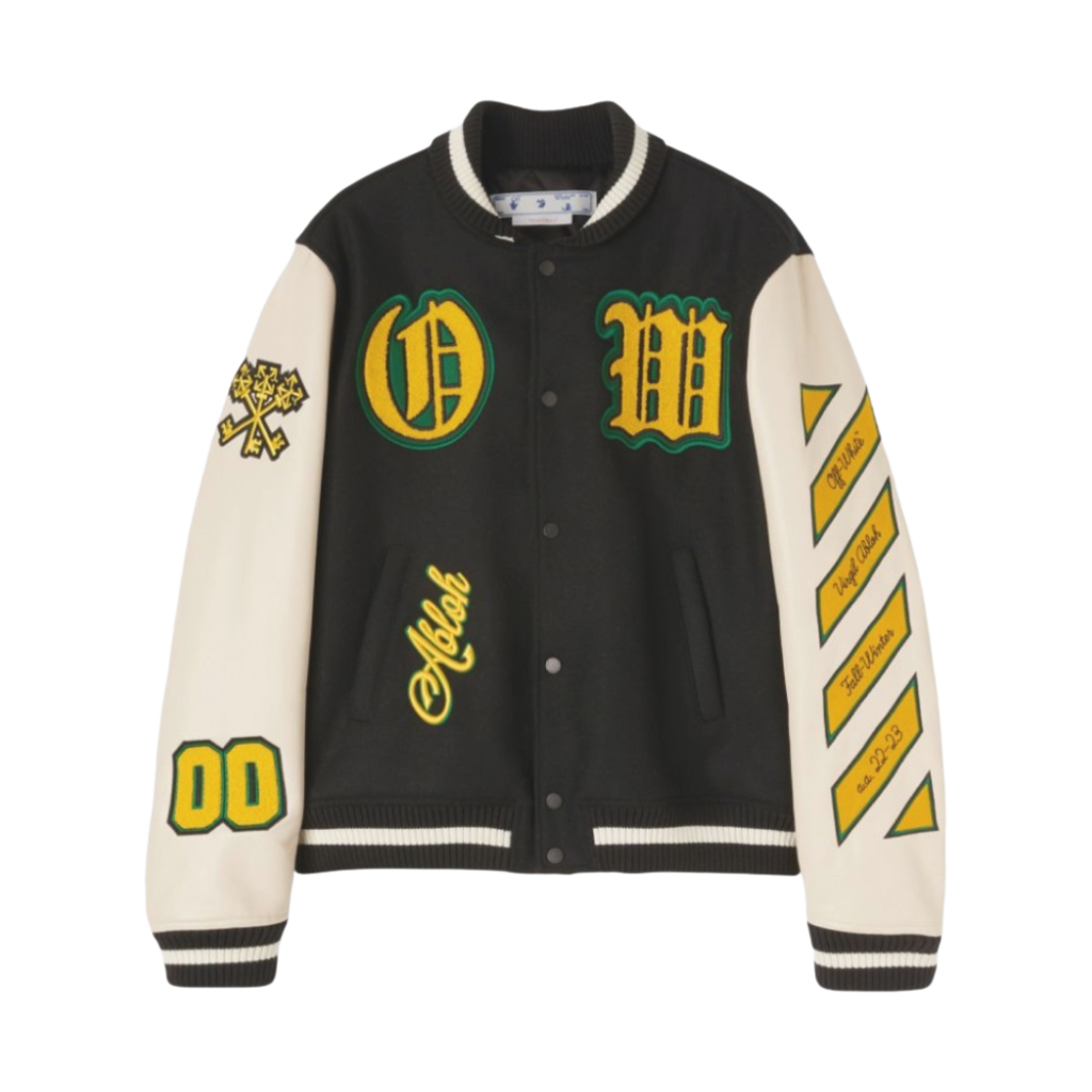 오프화이트 그래픽 로고 레더 바시티 자켓 블랙 옐로우(Off-White Graphics Leather Varsity Jacket Black Yellow)