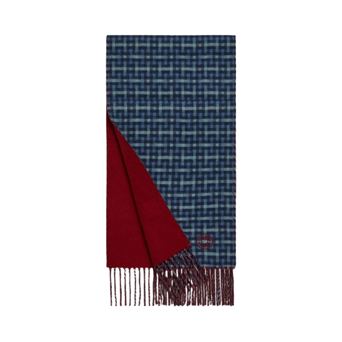 H393832T02 Hermes H Ecossais Recto-Verso Muffler Marine Denim Rouge H