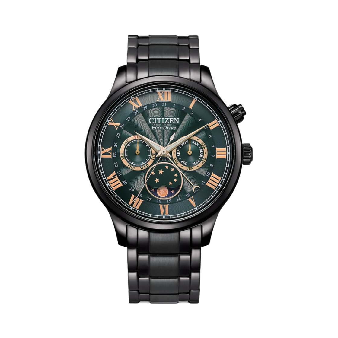 시티즌 문 페이즈 에코드라이브 42.2mm 스테인리스 스틸 그린 블랙 이온(Citizen Moon Phase Eco-Drive 42.2mm Stainless Steel Green Black Ion)