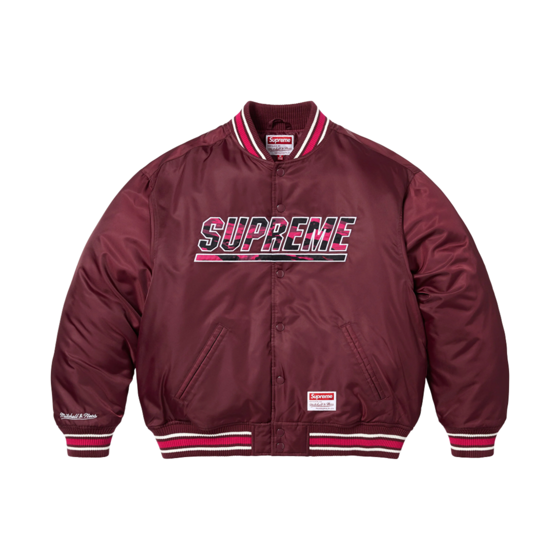 슈프림 미첼 & 네스 카모 로고 바시티 자켓 버건디 - 25SS(Supreme Mitchell & Ness Camo Logo Varsity Jacket Burgundy - 25SS)