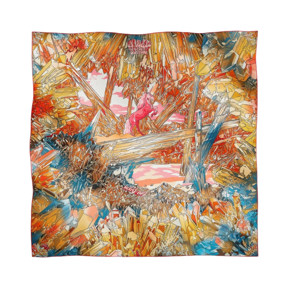 (W) 에르메스 라 발레 드 크리스탈 스카프 90 오랑쥬 로즈 블루