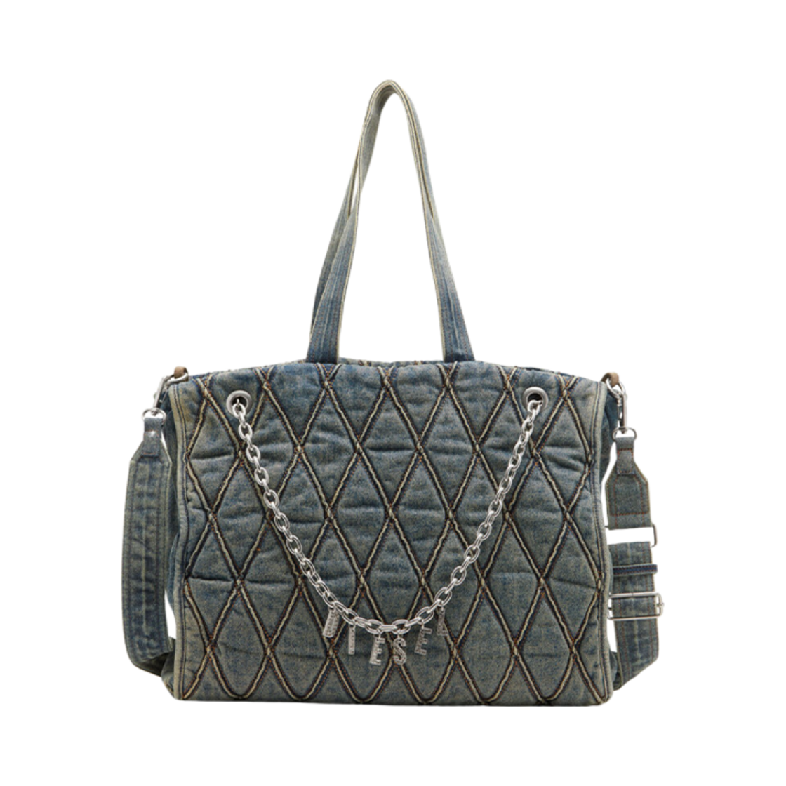 X10014-P5570-HA001 Diesel Charm D-Tote Bag in Argyle Quilted Denim Blue