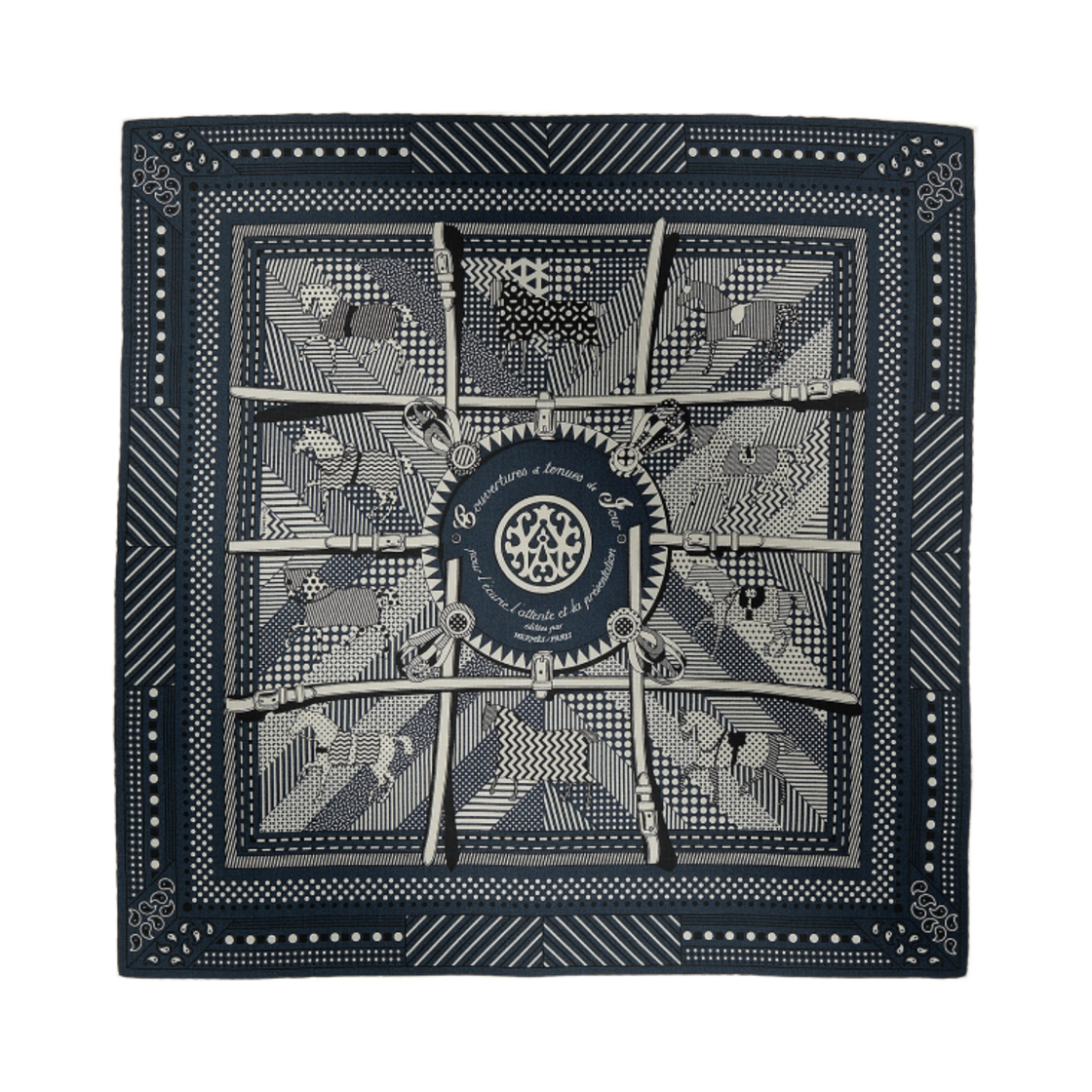 H283507T06 Hermes Couvertures Et Tenues De Jour Bandana Scarf Marine Blanc Noir