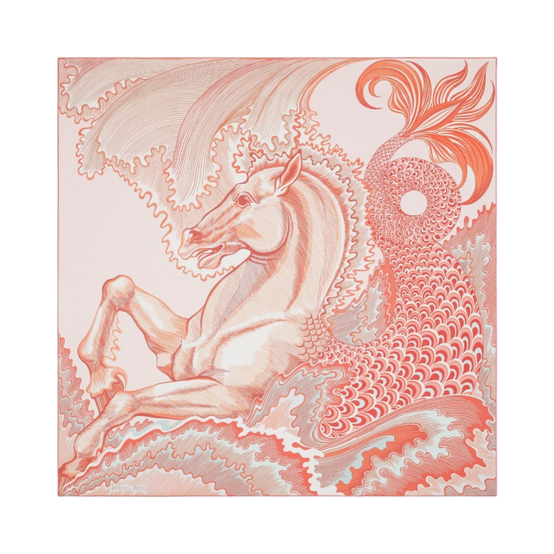 (W) 에르메스 슈발 시렌 더블 페이스 스카프 90 로즈 뿌드르 베르 꼬라이유((W) Hermes Cheval Sirene Double Face Scarf 90 Rose Poudre Vert Corail) - 2