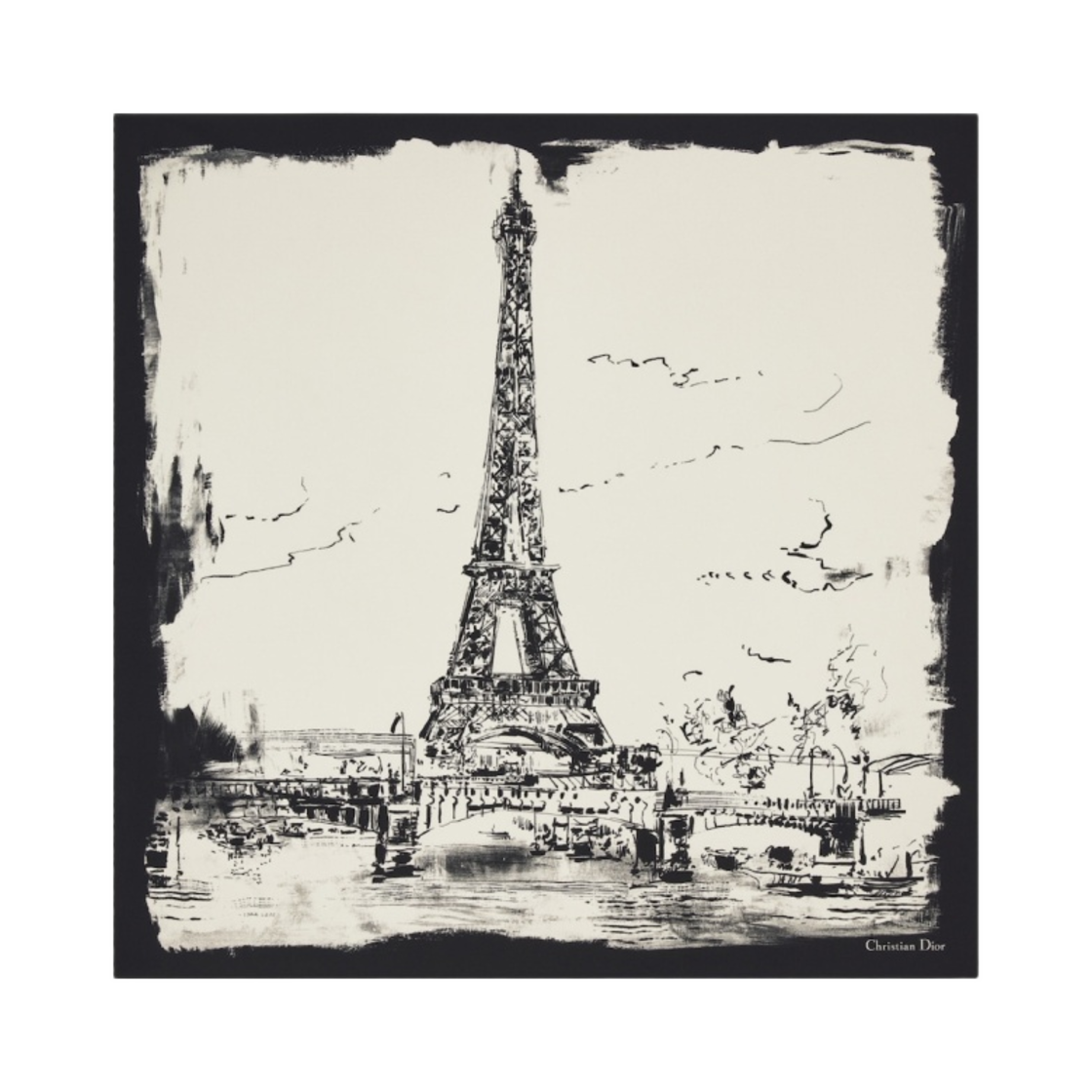 (W) 디올 파리 90 스퀘어 실크 트윌 스카프 에크루 블랙((W) Dior Paris 90 Square Silk Twill Scarf Ecru Black)