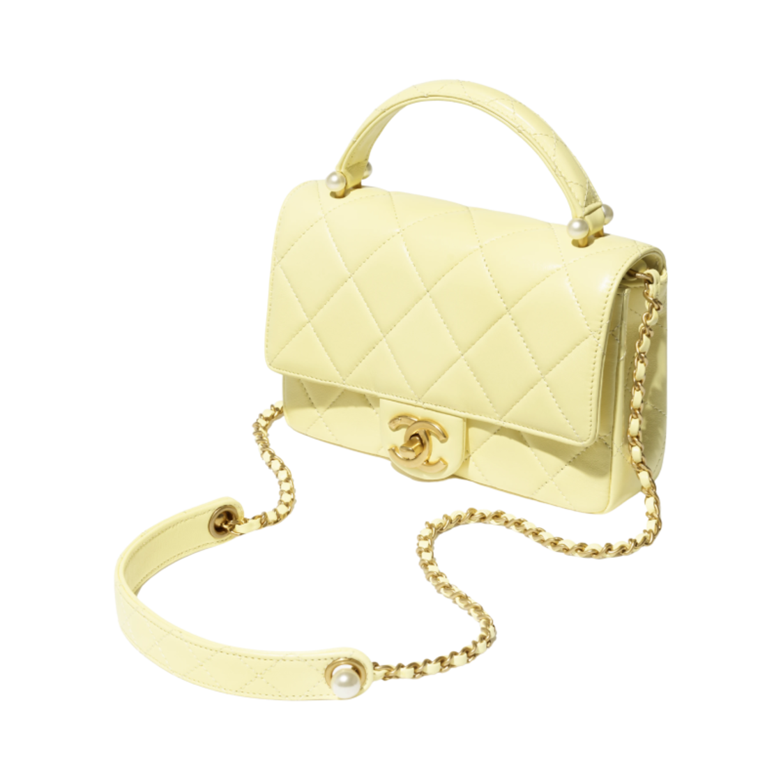 샤넬 미니 플랩백 탑 핸들 샤이니 램스킨 이미테이션 펄 & 골드 메탈 라이트 옐로우(Chanel Mini Flap Bag with Top Handle Shiny Lambskin Imitation Pearls & Gold Light Yellow) - 2