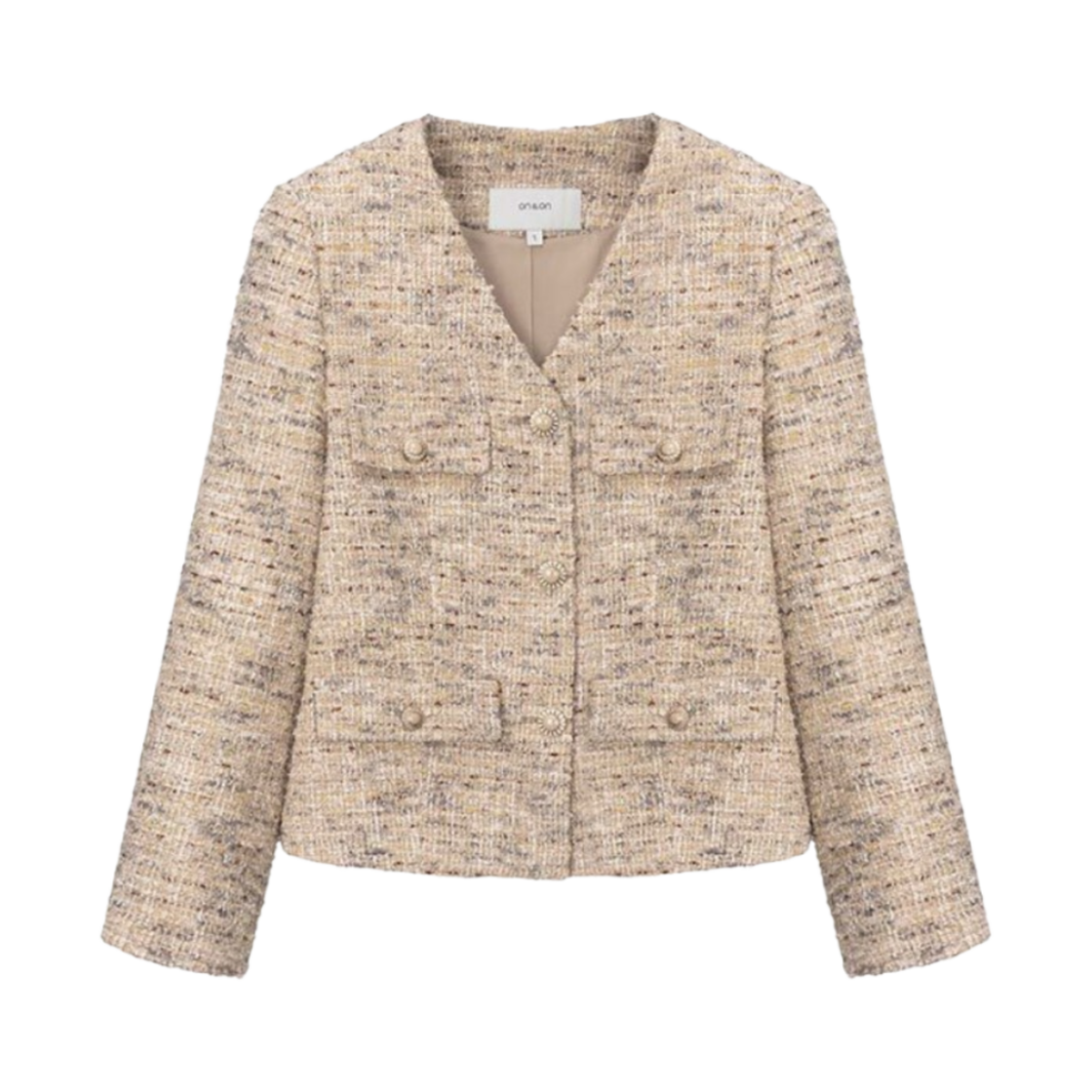 (W) 온앤온 칼라리스 트위드 자켓 베이지((W) On&On Collarless Tweed Jacket Beige)