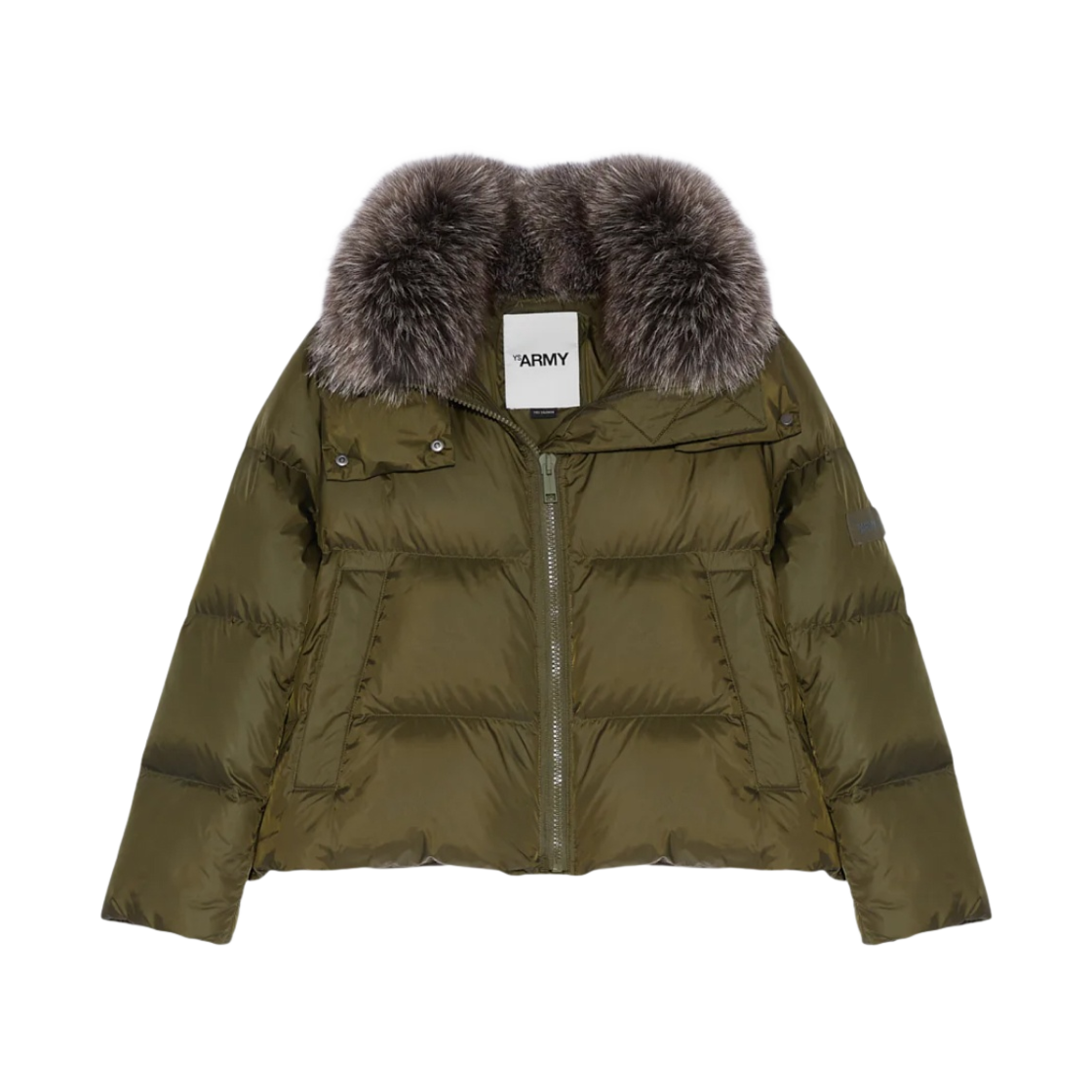 24WFV01659DORDA (W) Yves Salomon Short A Line Down Jacket in Water-Repellent Technical Fabric with Fox Fur Collar Khaki