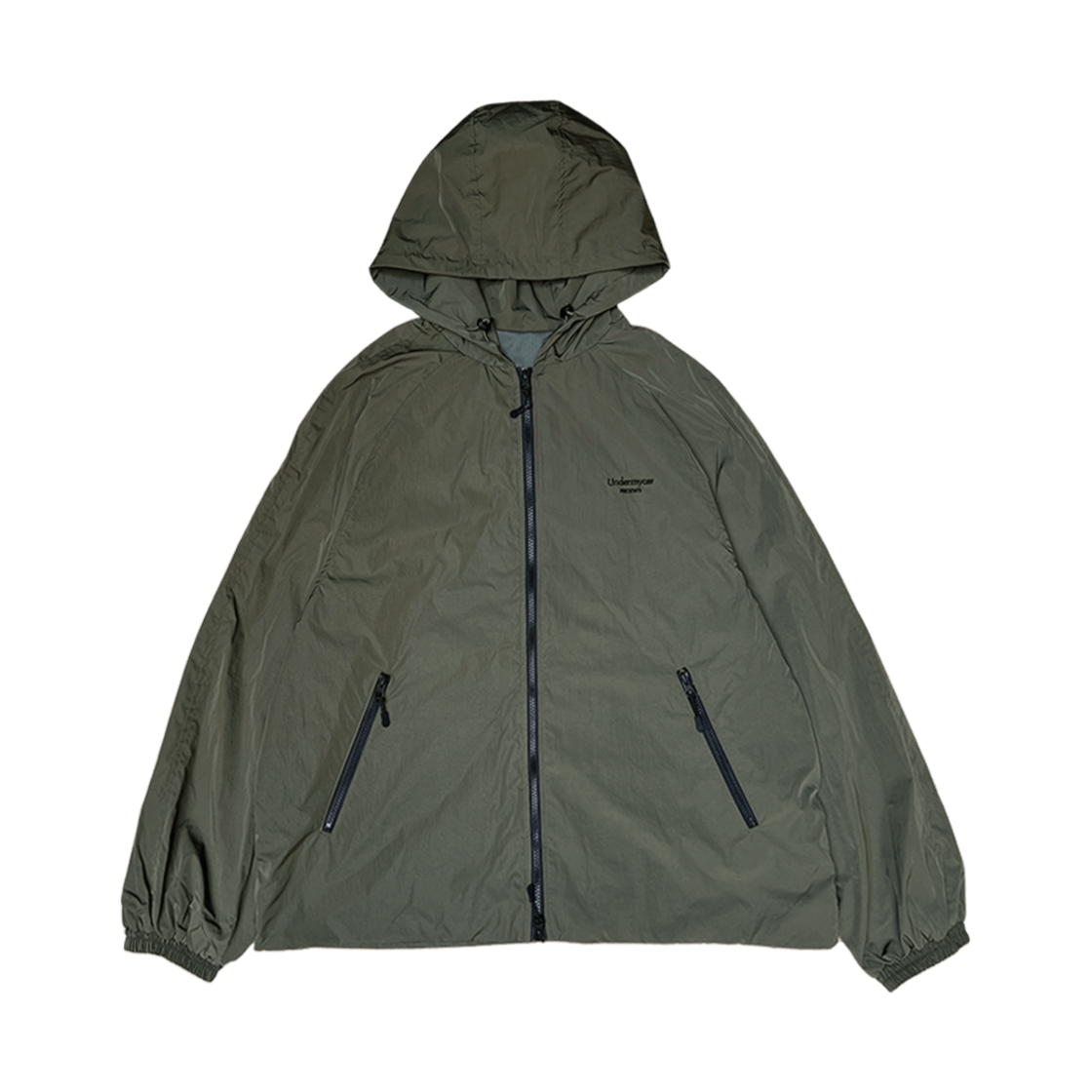 언더마이카 무.105 안티 Fxxking 로고 플레이 레귤러 핏 나일론 윈드브레이커 카키
