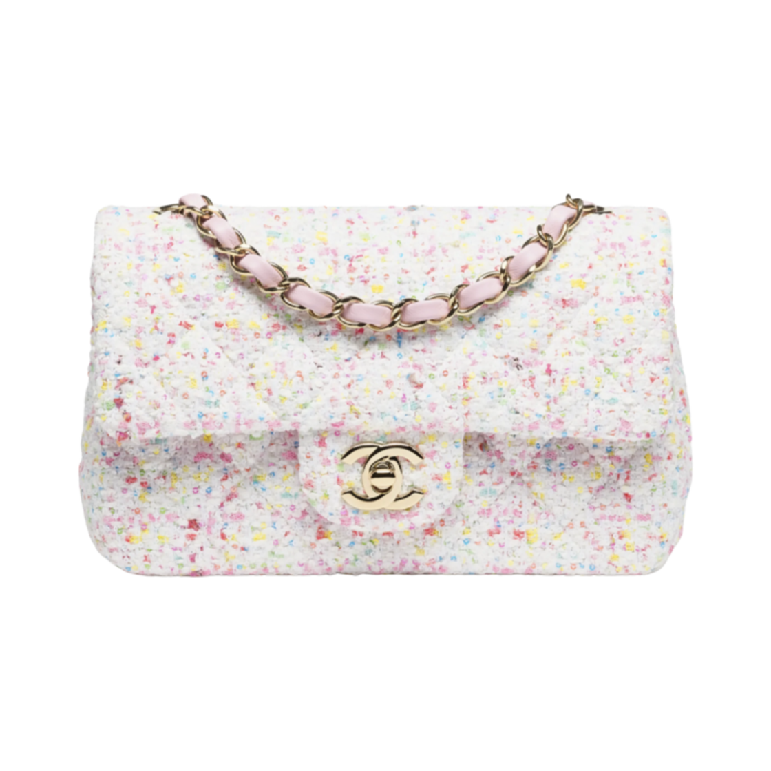 샤넬 미니 클래식 핸드백 트위드 & 골드 메탈 화이트 블루 핑크(Chanel Mini Classic Handbag Tweed & Gold White Blue Pink) - 1