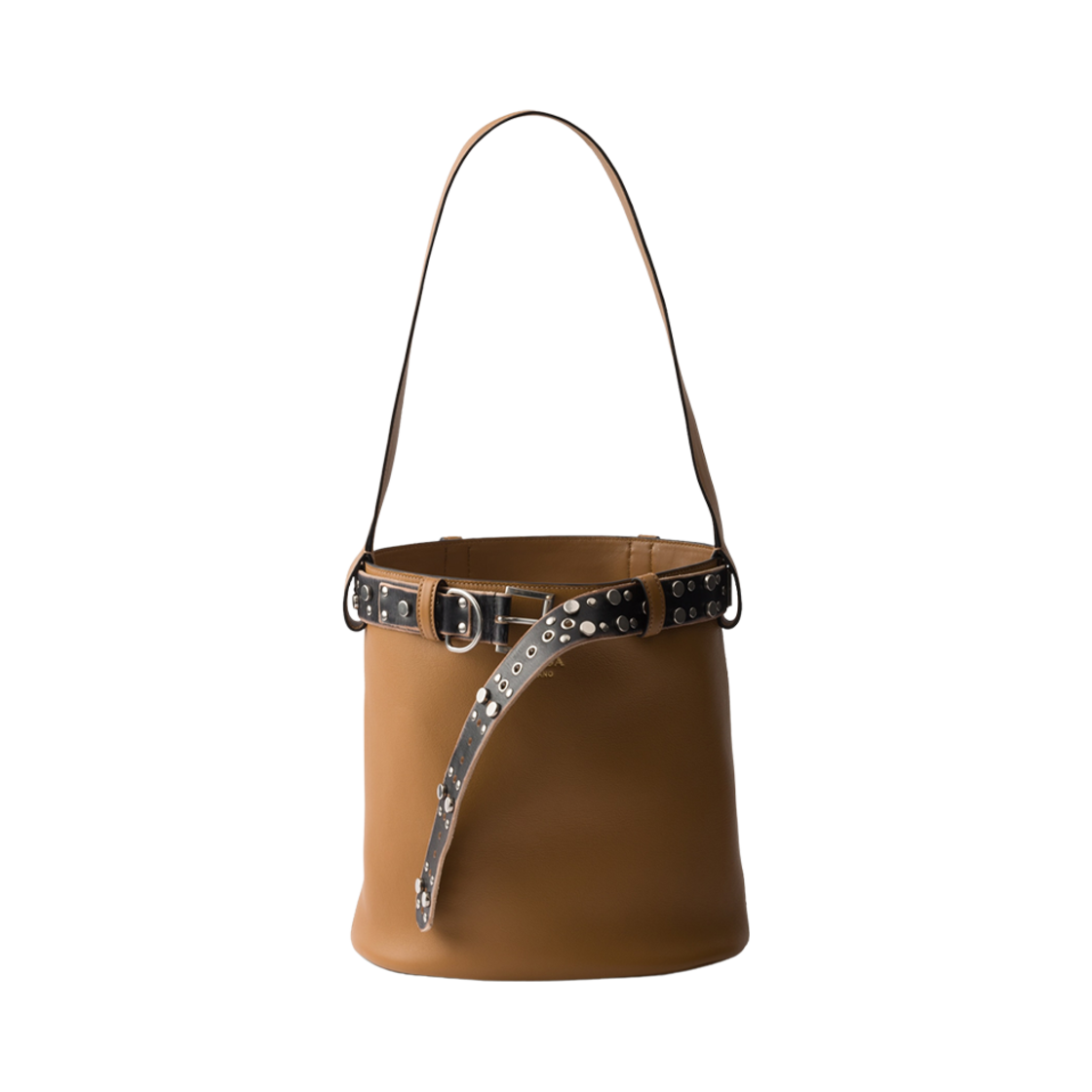 프라다 버클 레더 버킷백 스터디드 벨트 카라멜 블랙(Prada Buckle Leather Bucket Bag with Studded Belt Caramel Black) - 1