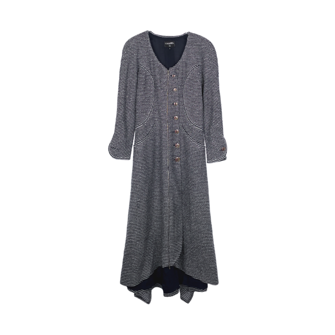 ITO5FSOWOLWR Chanel 20C Stripe Zip-Up Long Coat Navy/White