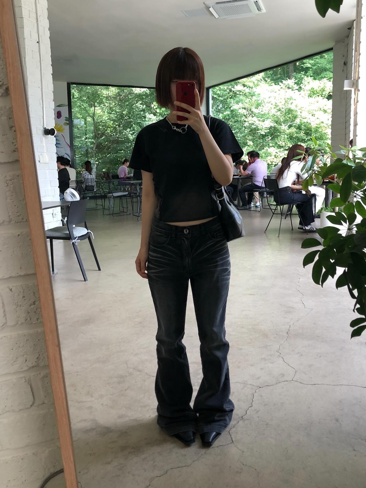 (W) BLR Embossed Wave Washing Boots Cut Denim Pants Grey, (W) BLR Destroyed Gradation Washed Short Sleeve T-Shirt Black 착용 스타일 - 1