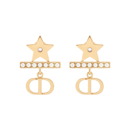 (W) Dior Petit CD Earrings Gold Finish Metal White Resin Pearl Silver Tone Crystals