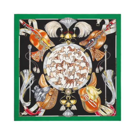 (W) Hermes Cavalcades Scarf 90 Vert Noir Brun