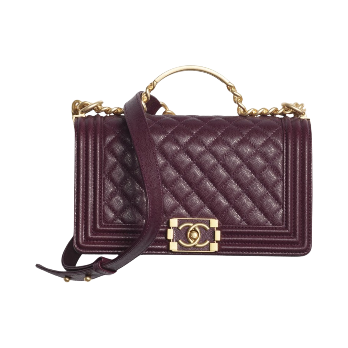 샤넬 보이 샤넬 플랩백 핸들 그레인드 샤이니 카프스킨 & 골드 메탈 버건디(Chanel Boy Chanel Flap Bag with Handle Grained Shiny Calfskin & Gold Burgundy) - 1