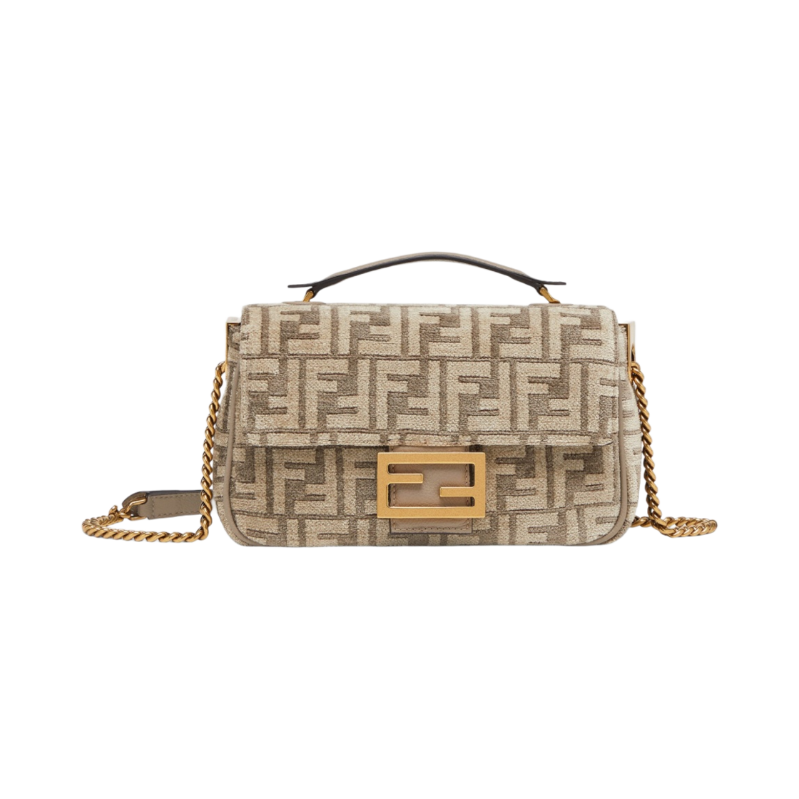 8BR793AQF4F1LEY Fendi Baguette Chain Midi Tapestry Fabric Bag with FF Motif Dove Grey