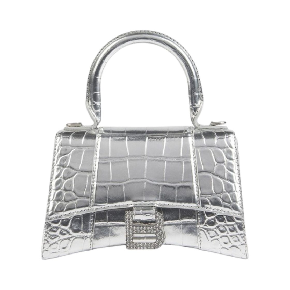 발렌시아가 라인스톤 아워글래스 XS 핸드백 메탈라이즈드 크로커다일 엠보스 실버(Balenciaga Hourglass XS Handbag Metallized Crocodile Embossed with Rhinestones Silver) - 1