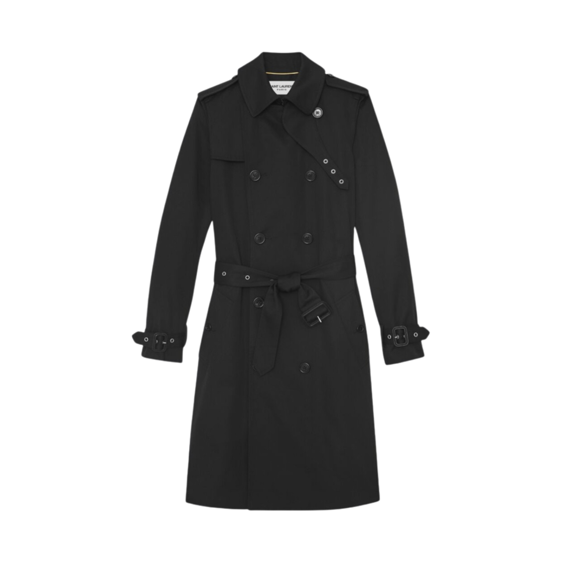 (W) 생로랑 개버딘 더블 브레스트 트렌치 코트 블랙((W) Saint Laurent Double Breasted Trench Coat in Gabardine Black)