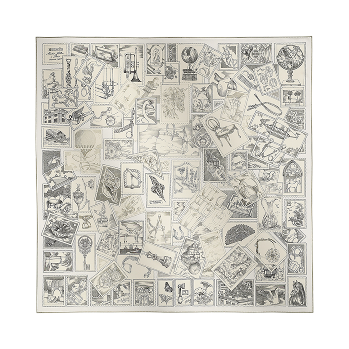 (W) 에르메스 르 필라뗄리스트 뒤 포부르 스카프 90 그리 파쉐민 블랑((W) Hermes Le Philateliste Du Faubourg Scarf 90 Gris Parchemin Blanc)