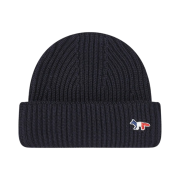 Maison Kitsune Tricolor Fox Patch Ribbed Beanie Navy